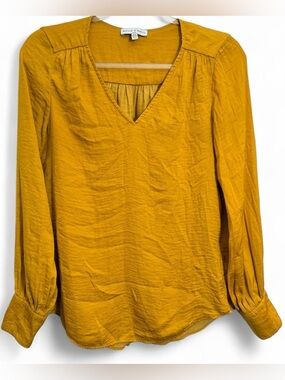 Maison d’Amélie Paris Anthropologie mustard yellow v neck satin blouse shirt